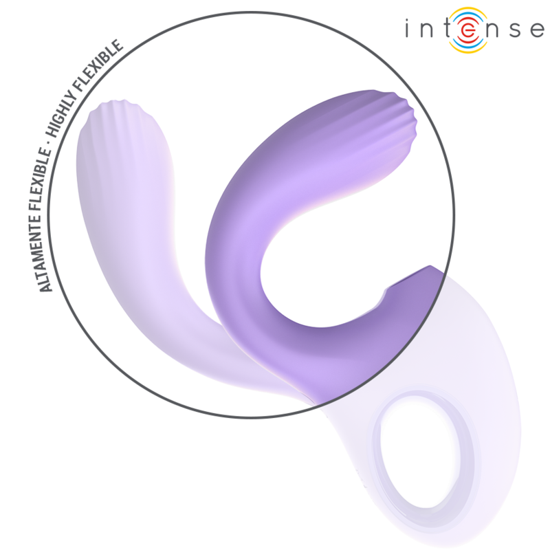 Violet curved vibrator and stimulator with ribbed texture and ergonomic handle loop.