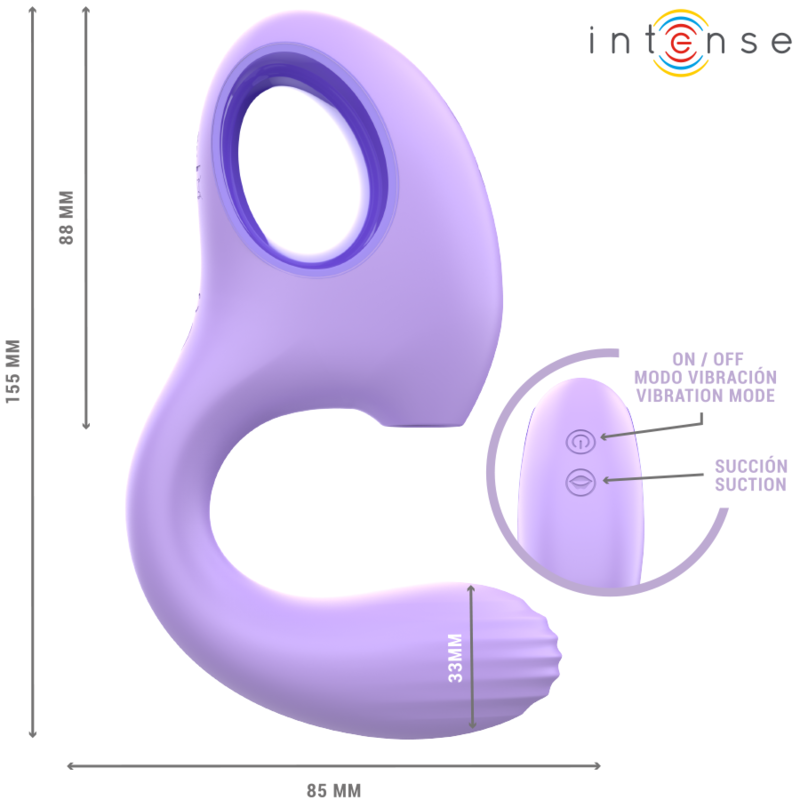 Violet curved silicone vibrator and stimulator with textured tip and control buttons.