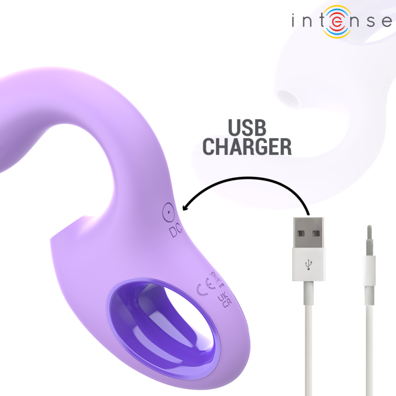 Violet curved silicone vibrator with USB charger and ergonomic handle with control buttons.