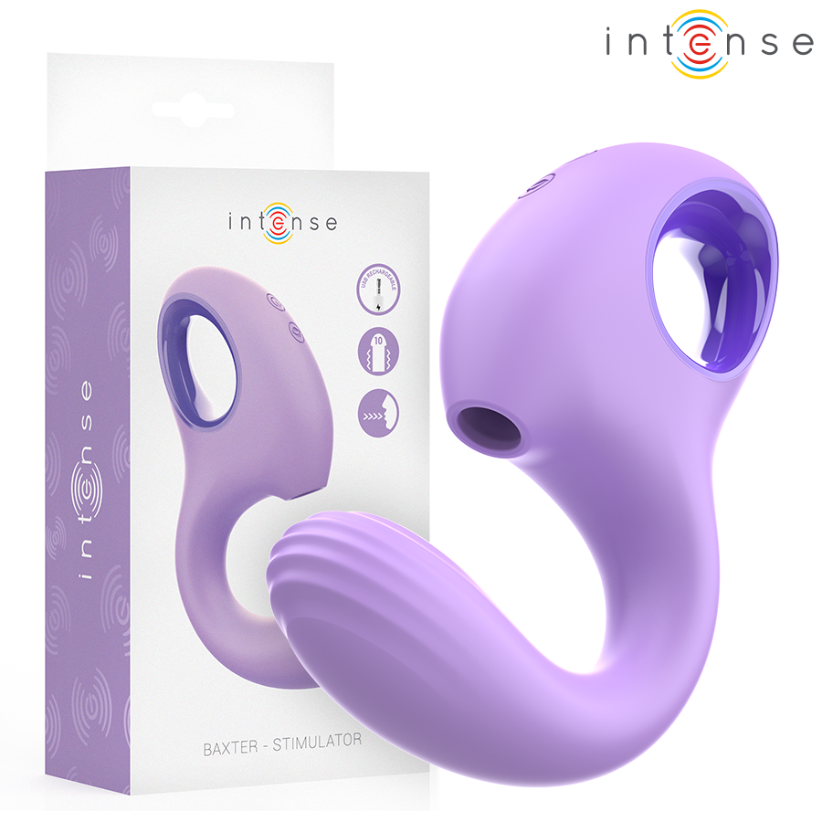 Curved violet silicone vibrator with textured shaft and hollow ring handle next to branded box.