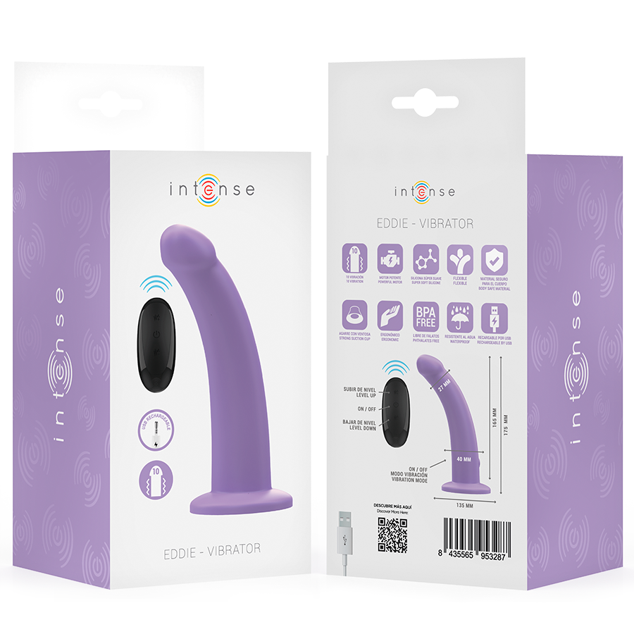 Purple curved vibrator with black remote control displayed on white and purple packaging boxes.