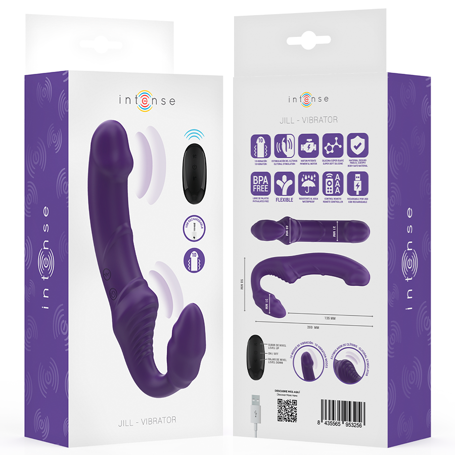 Purple dual-ended vibrator with curved design and black wireless remote control in retail packaging.