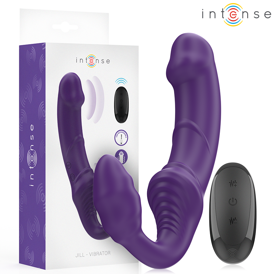Purple double vibrator with curved shaft and textured base, paired with a black wireless remote control.