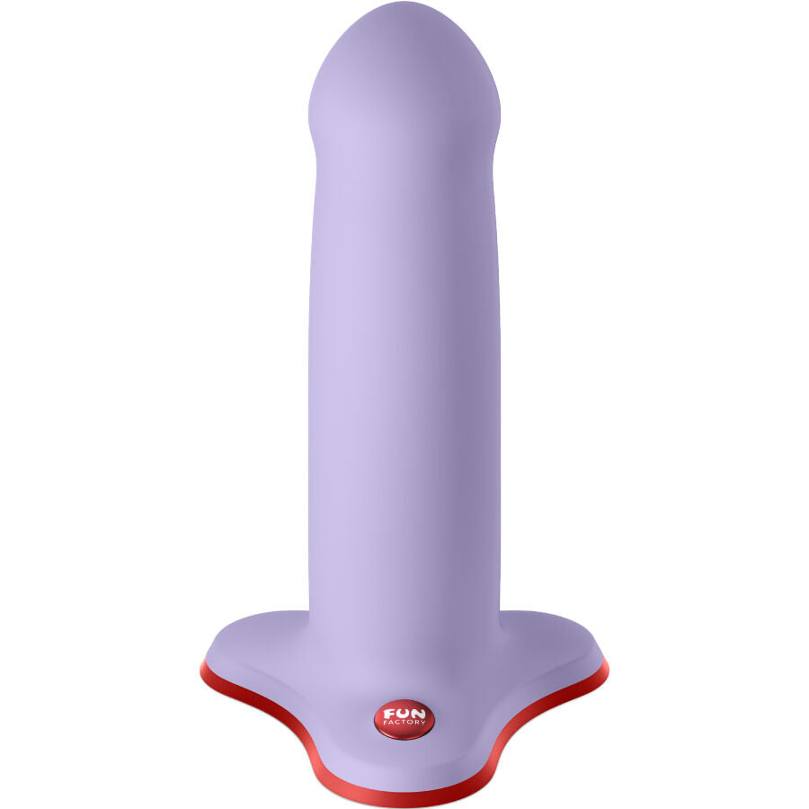 Purple silicone dildo with smooth curved tip and flared red base featuring a round button.