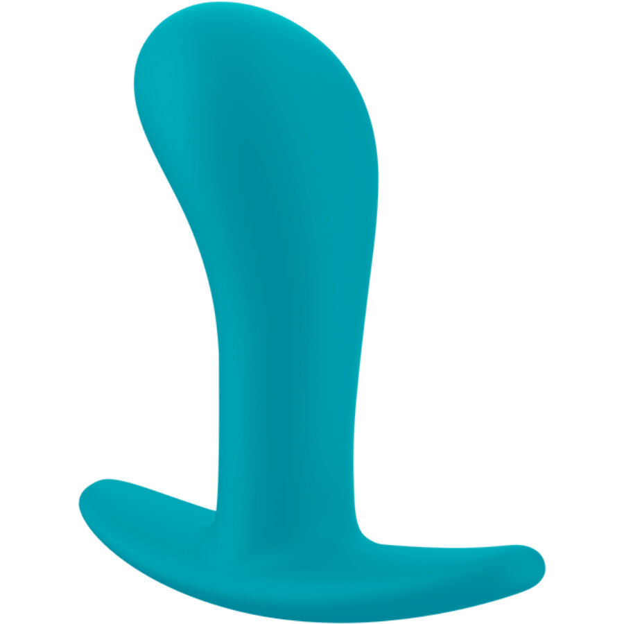 Aquamarine silicone anal plug with curved shaft and wide flared base.