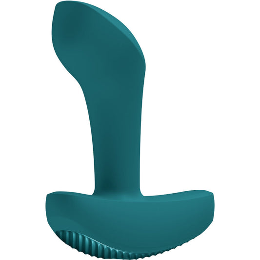 Teal blue silicone anal plug vibrator with curved tip and textured grip base.
