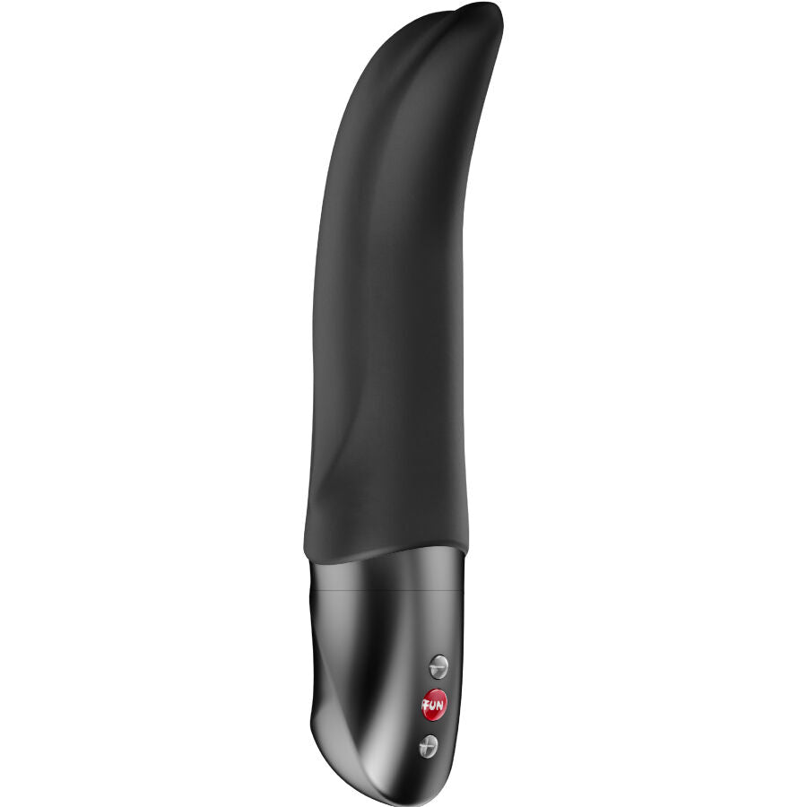 Black curved silicone G-spot vibrator with smooth ergonomic handle and control buttons.