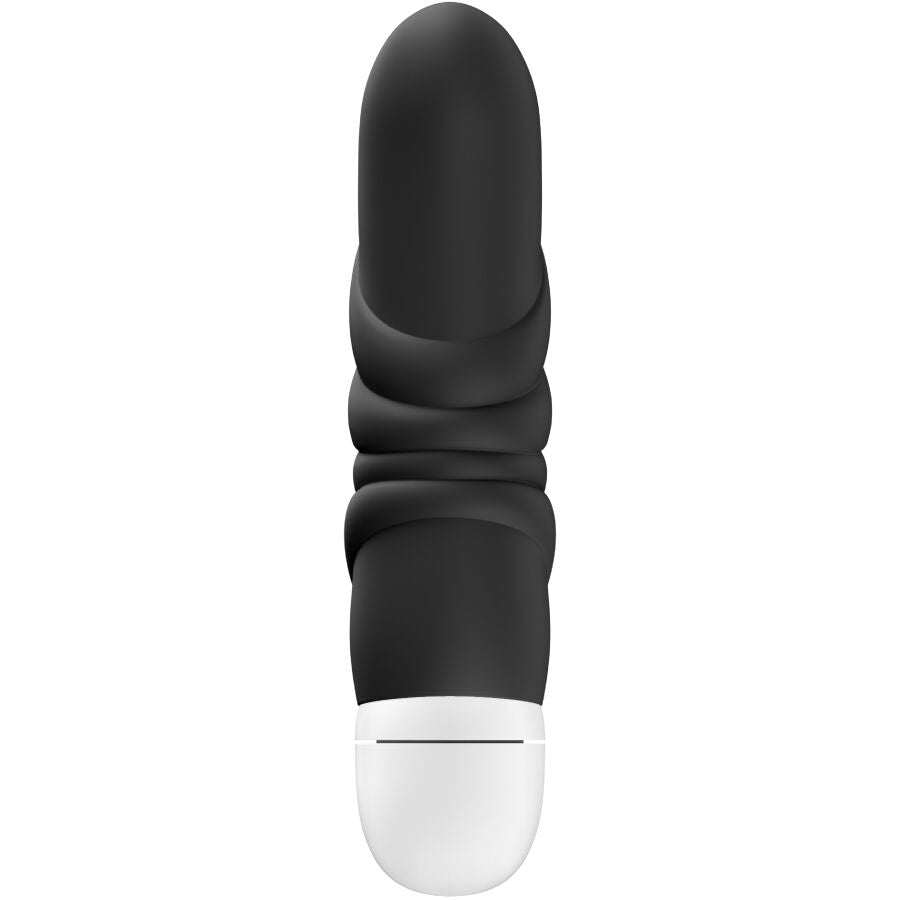Black mini vibrator with smooth rounded tip and textured ring details, white base control button.