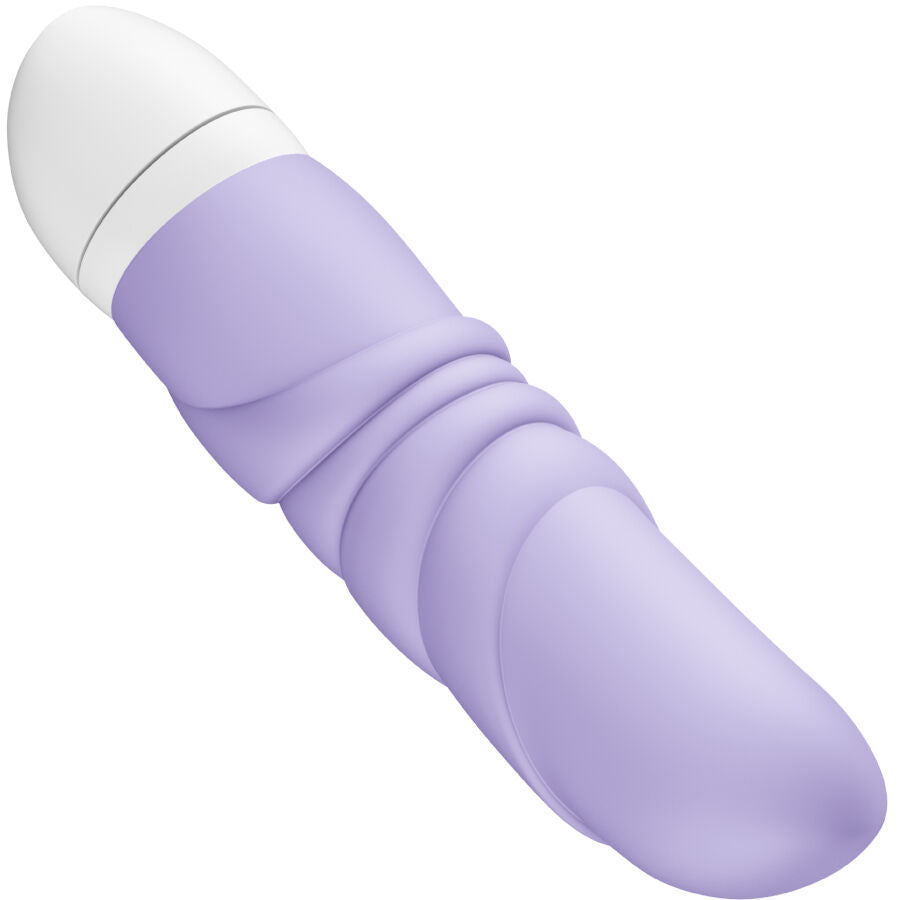 Purple mini vibrator with a curved, ribbed silicone body and white rounded base.