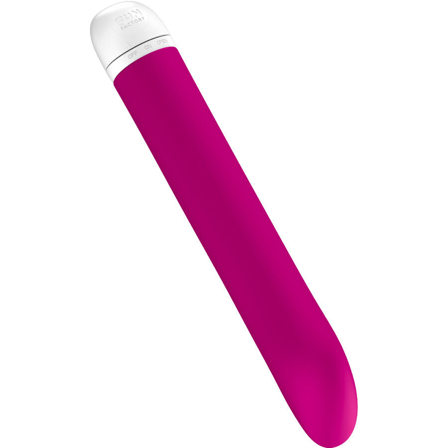 Magenta silicone vibrator with smooth curved tip and white rounded base.