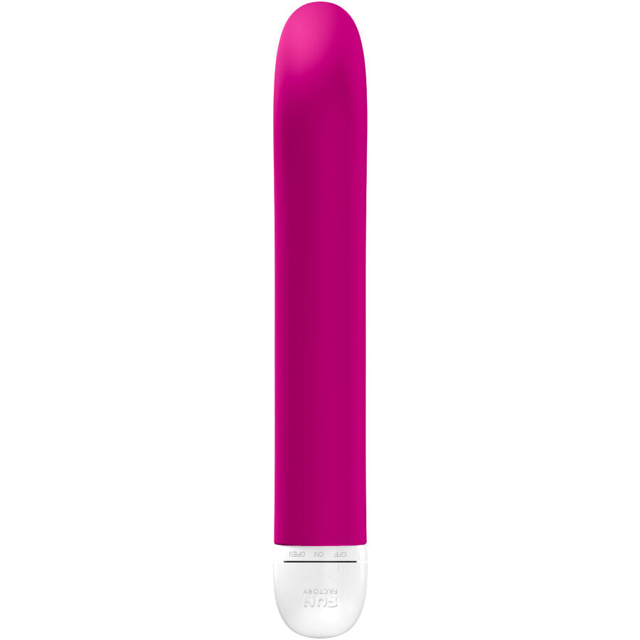 Magenta silicone G-spot vibrator with smooth curved tip and white control base.