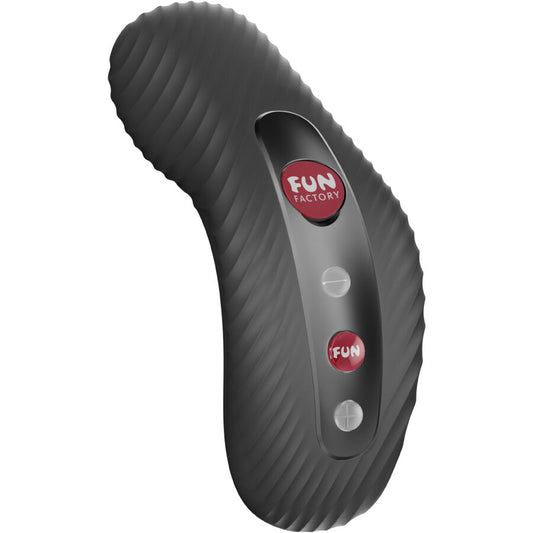Black curved lay-on vibrator with textured surface and three circular buttons on front panel.