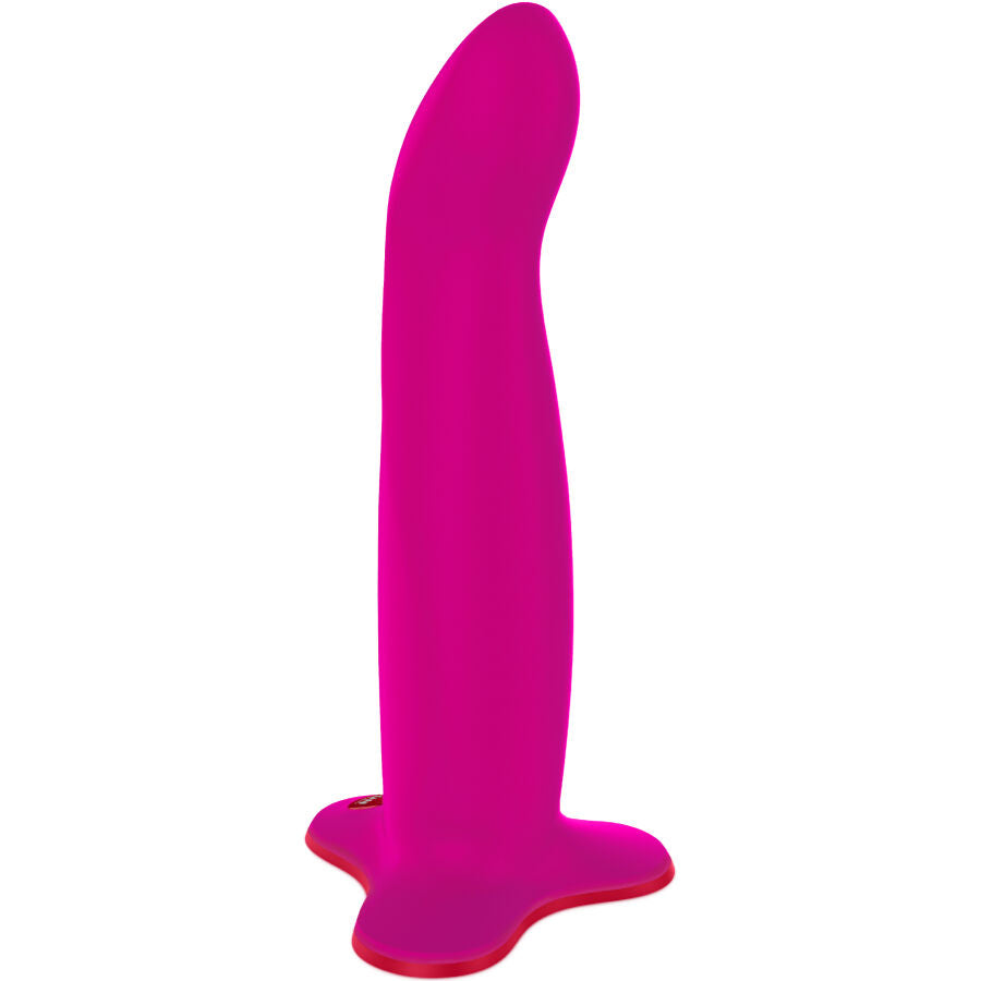 Magenta flexible silicone dildo with curved tip and wide base for G-spot stimulation.