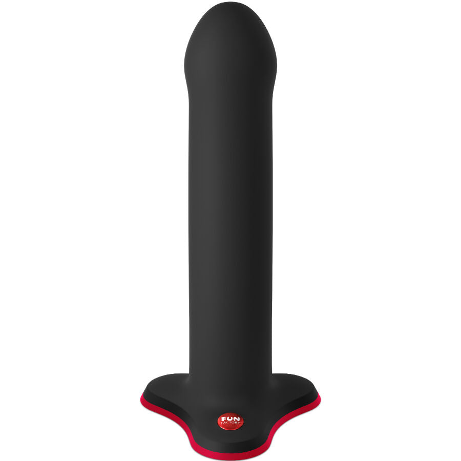 Black G-spot dildo with tapered tip and wide red-accented base, smooth matte finish.
