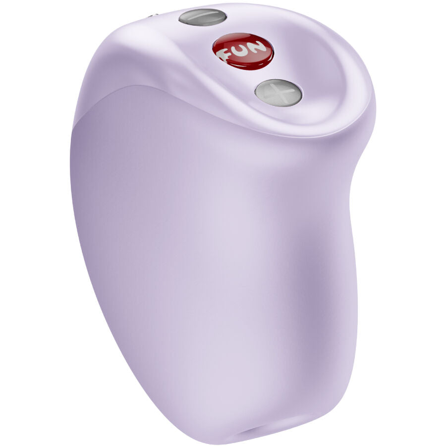 Compact purple Fun Factory Mea Air Pulse vibrator with ergonomic shape and three control buttons on top.