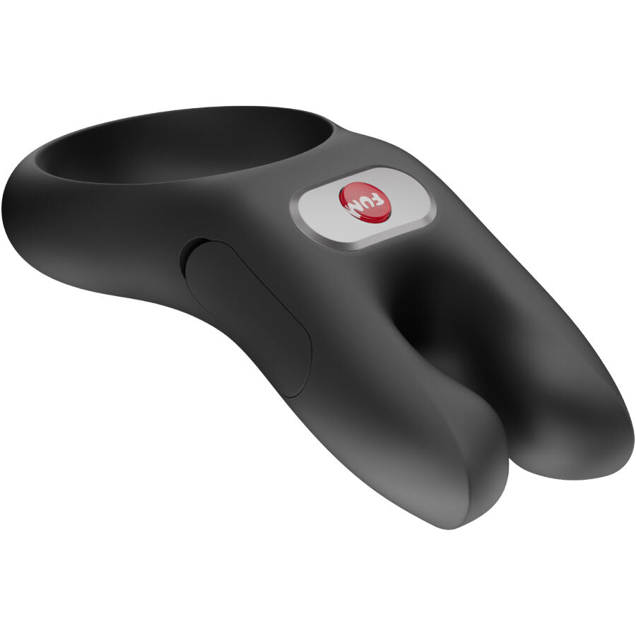 Black silicone vibrating cock ring with ergonomic shape and small red control button.