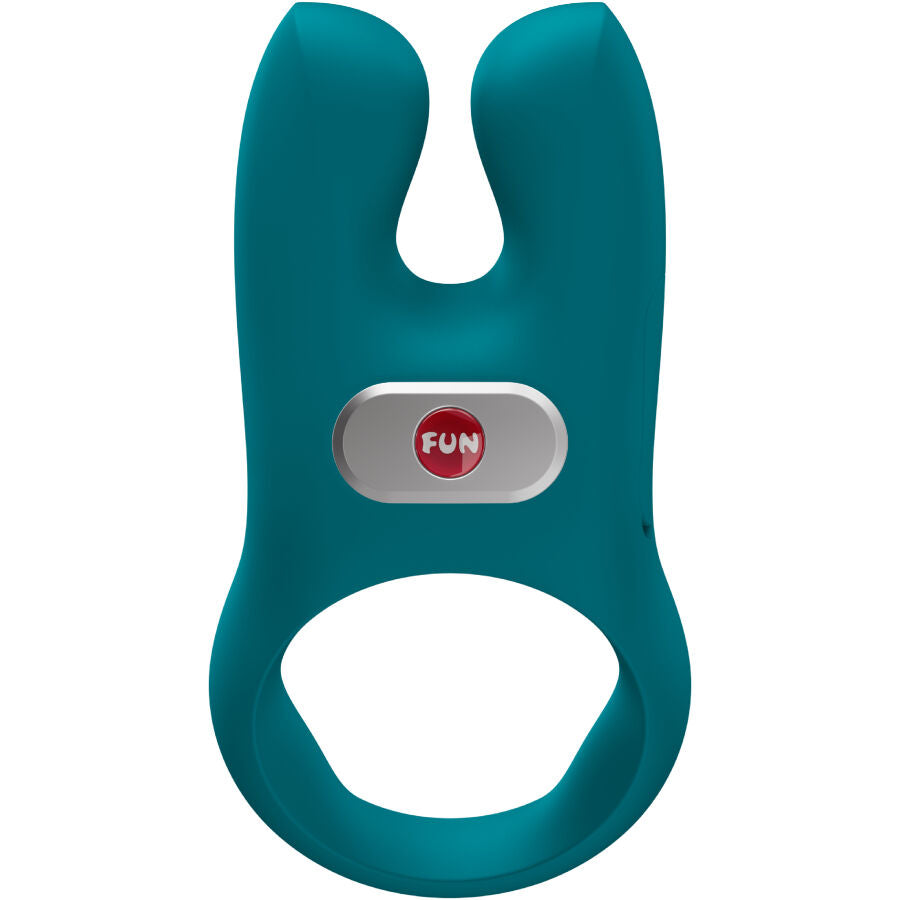 Bottle green silicone vibrating cock ring with dual-prong design and red Fun Factory button.