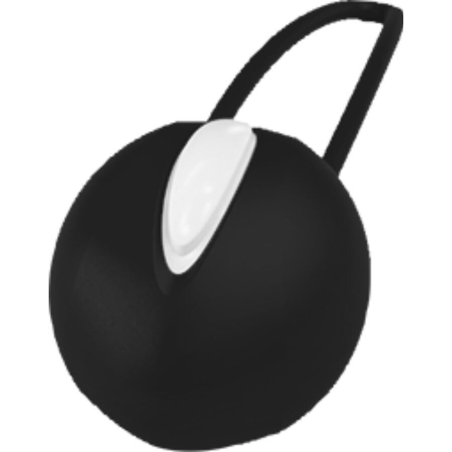 Black spherical kegel ball with smooth silicone surface and integrated white control button with loop handle.
