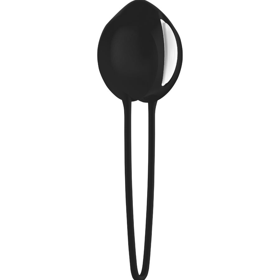 Black silicone kegel ball with elongated loop handle and smooth ergonomic design.
