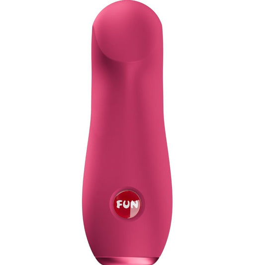 Compact raspberry-colored bullet vibrator with smooth, curved tip and circular button labeled FUN on base.