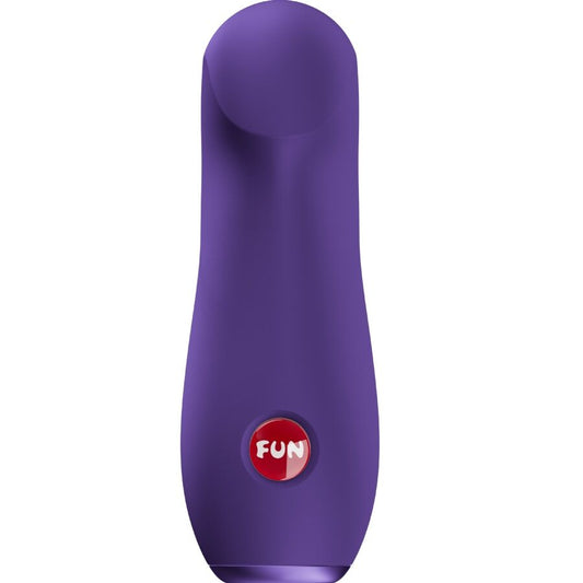 Purple curved bullet vibrator with red circular button labeled FUN at the base.
