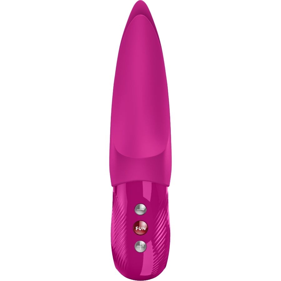 Magenta silicone vibrator with tapered tip and three-button control panel.