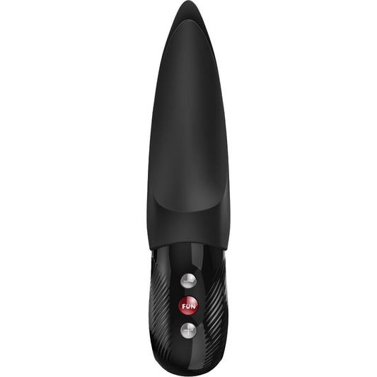 Sleek black silicone lay-on vibrator with curved tip and textured grip handle featuring two control buttons.