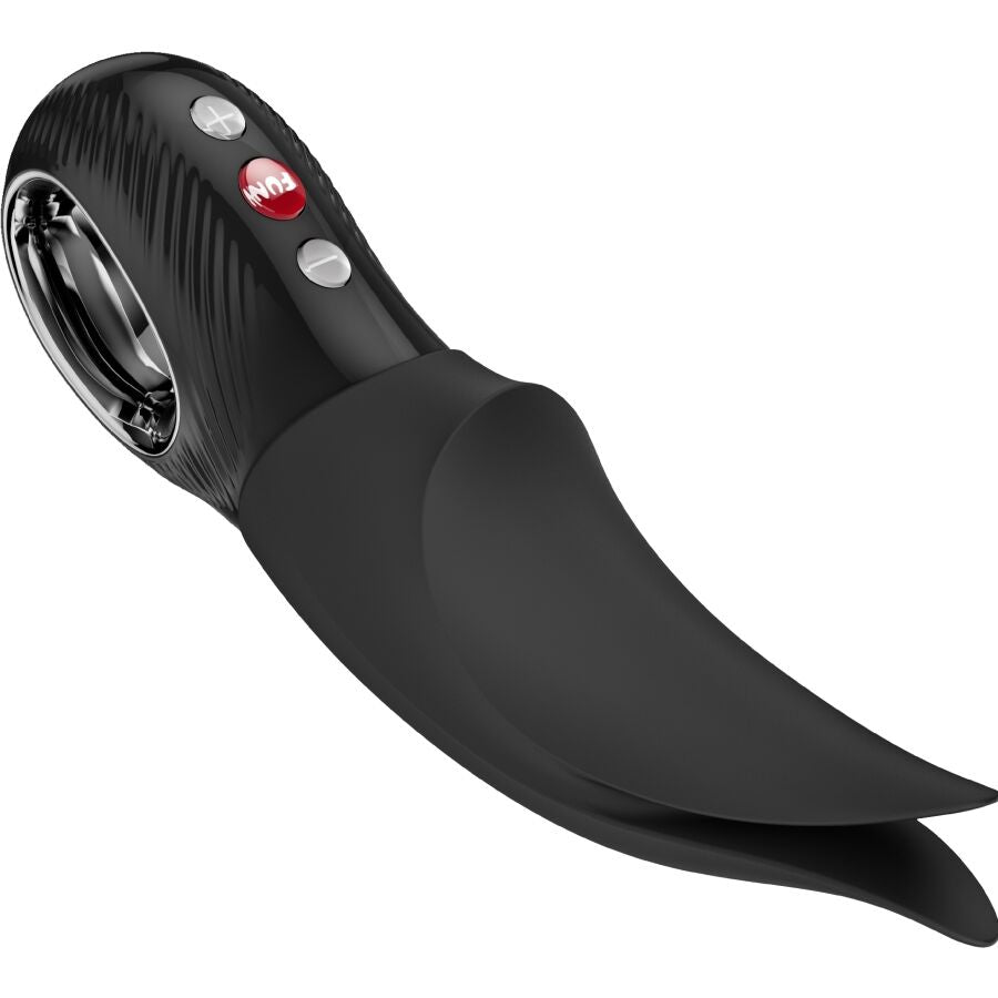 Black lay-on vibrator with curved, split-tip silicone head and control buttons on handle.