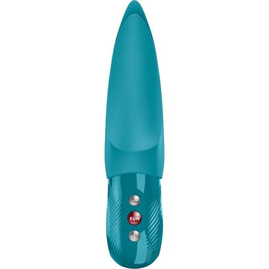 Aquamarine lay-on vibrator with smooth tapered tip and textured control panel with buttons.