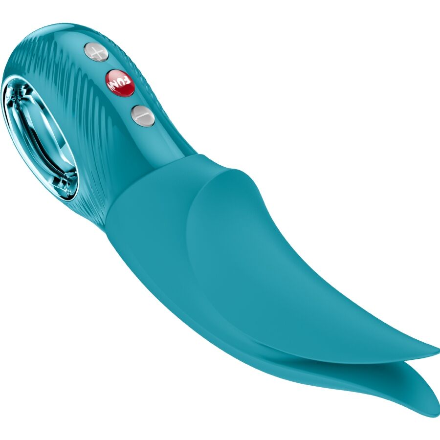 Aquamarine silicone lay-on vibrator with curved tip and ergonomic handle with buttons.