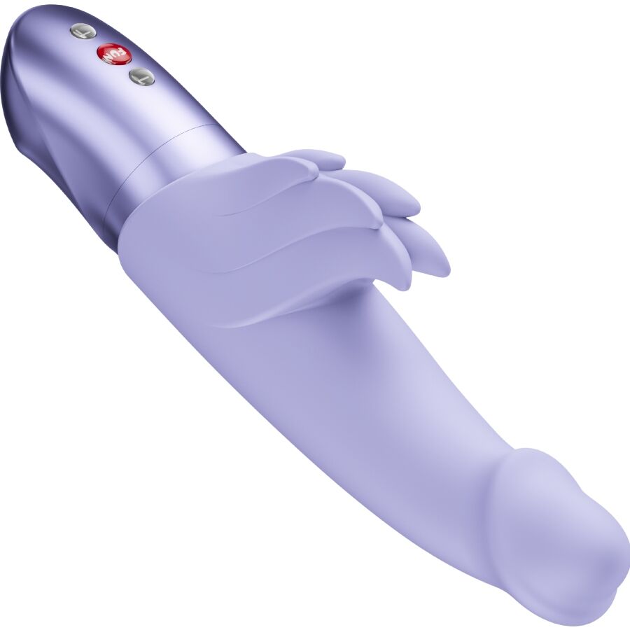 Purple rabbit vibrator with ergonomic curved shaft and flexible external stimulator, silver base with red and white buttons.