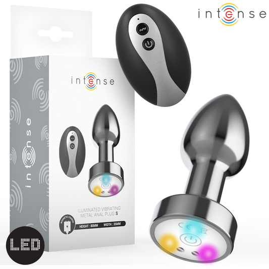 Small metallic anal plug with multicolored LED lights at the base and black remote control with silver buttons.