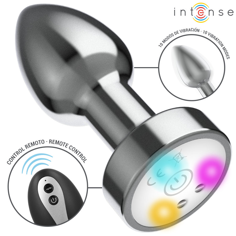 Metal anal plug with tapered tip, LED lights on base, and black remote control with buttons.