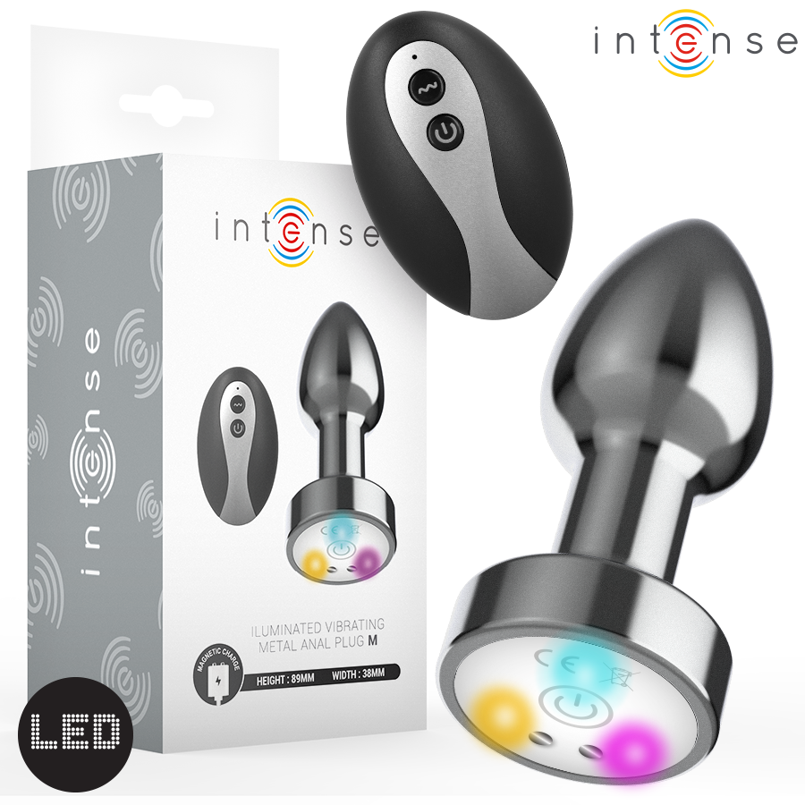 Metal anal plug with smooth tapered tip and multicolor LED base, black and silver remote control with buttons.