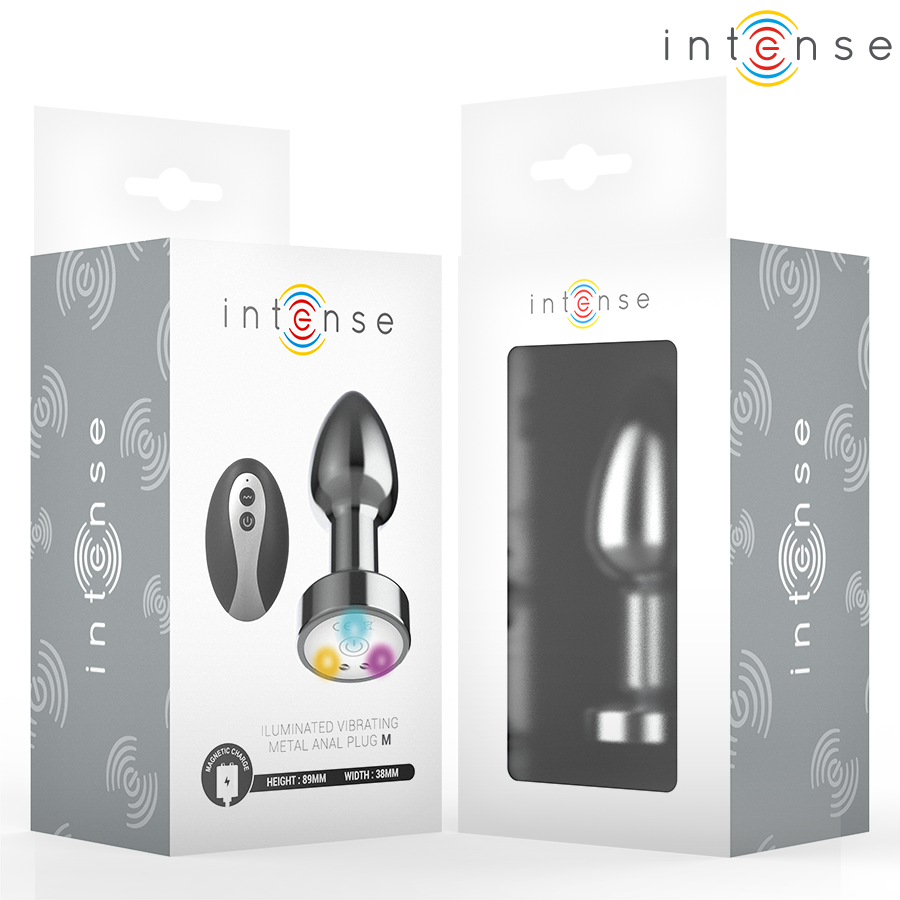 Metal anal plug with tapered tip, LED light base showing multicolor glow, and black remote control in white and gray.