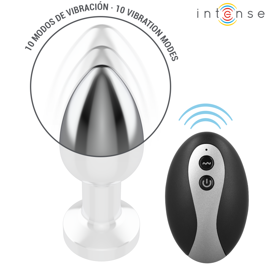 Metal anal plug with a smooth, tapered tip and LED lights, paired with a black and silver remote control.