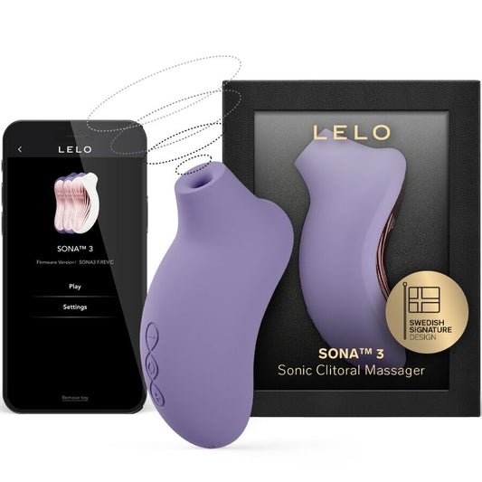 Violet LELO SONA 3 sonic clitoral massager with rose gold accents and smartphone app interface.