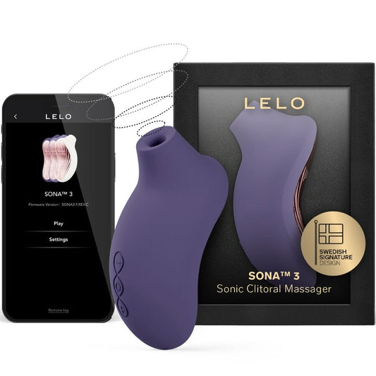 Cyber purple LELO SONA 3 sonic clitoral massager with black packaging and smartphone app display.