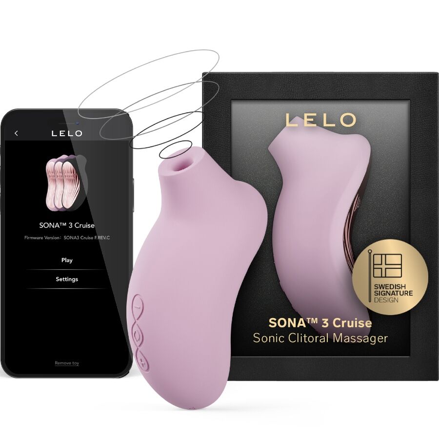 Soft pink LELO SONA 3 Cruise sonic clitoral massager with black packaging and smartphone app interface shown.