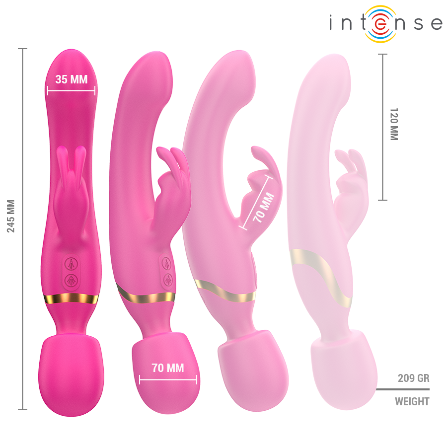 Pink dual-stimulation vibrator with curved shaft and rabbit-shaped clitoral stimulator, gold accents.