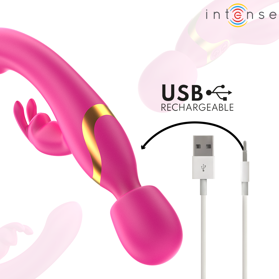 Pink dual-stimulation rabbit vibrator with gold accent and USB rechargeable wand head.