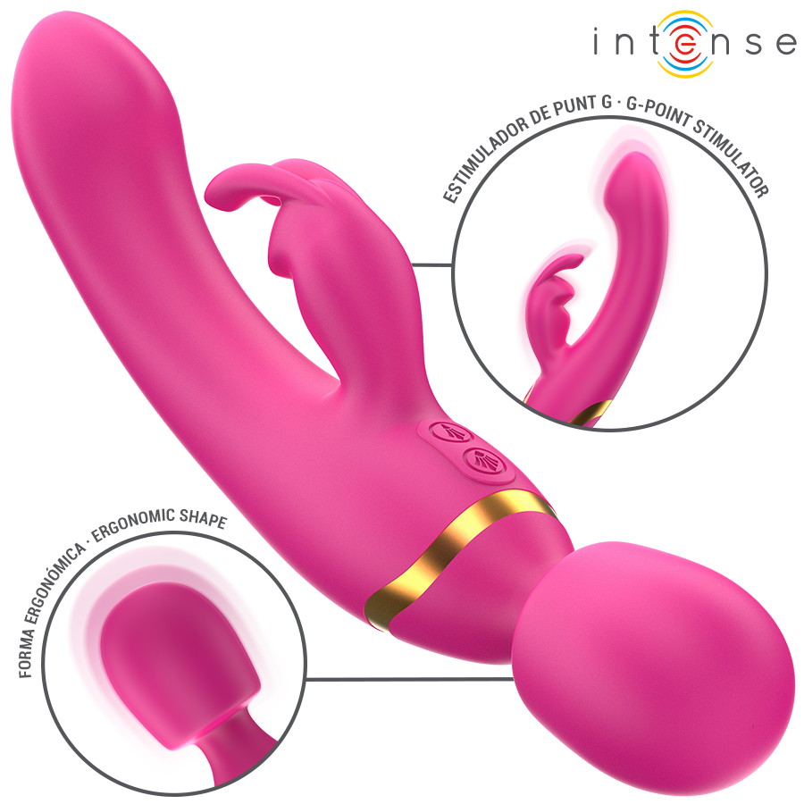 Pink dual-stimulator vibrator with curved tip, rabbit ear clitoral stimulator, and rounded wand head with gold accent ring.