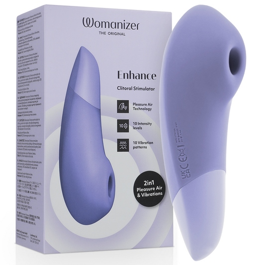 Lilac Womanizer Enhance clitoral stimulator with curved ergonomic shape and soft silicone tip next to matching product box.