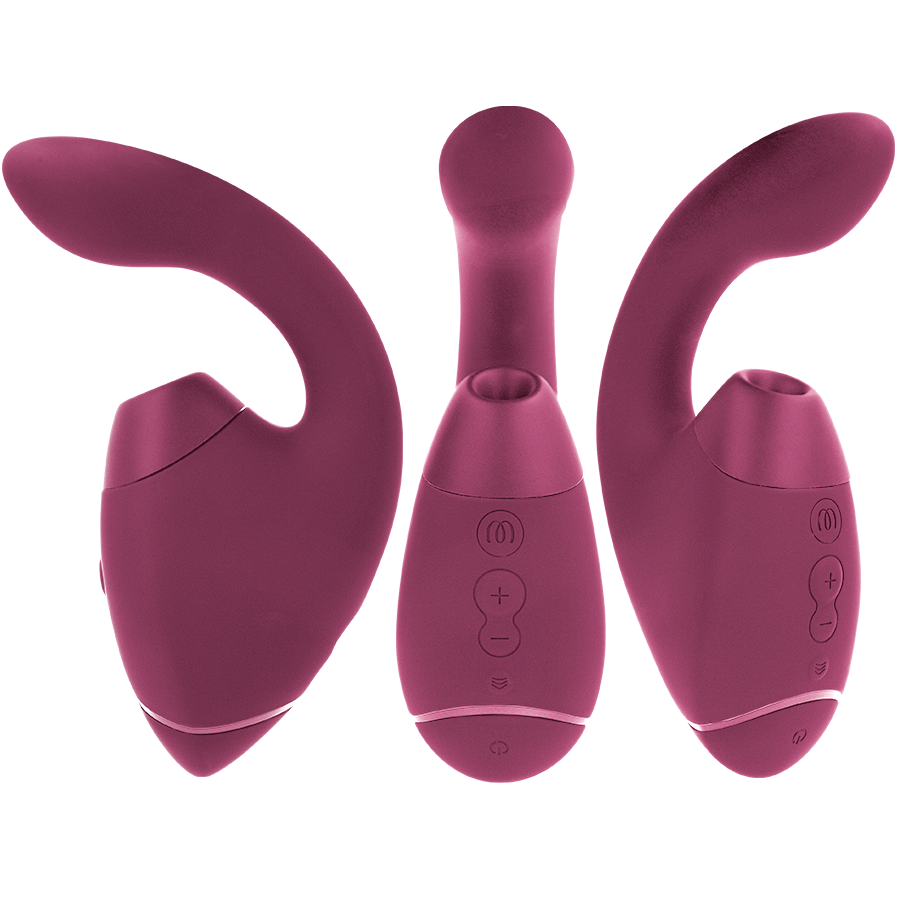 Dusky pink dual clitoral and G-spot stimulator with ergonomic curved design and button controls.