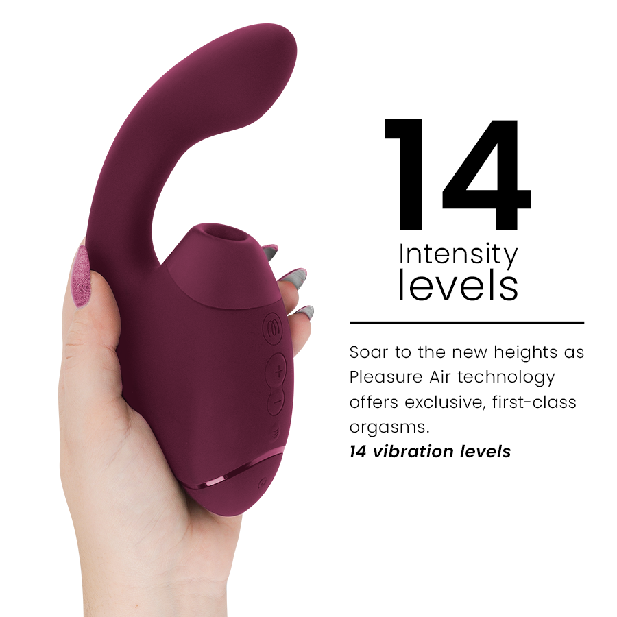 Dusky pink dual clitoral and G-spot stimulator with curved design and buttons on handle.