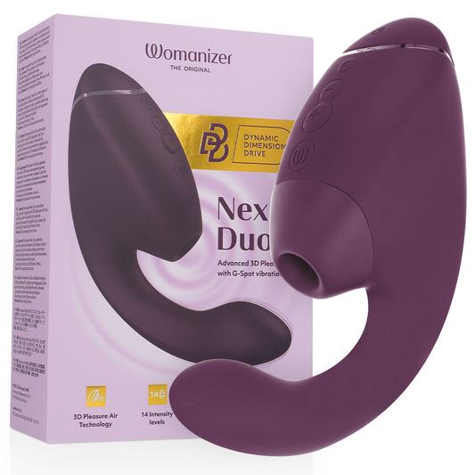 Dark purple dual clitoral and G-spot stimulator with curved design and control buttons, next to matching product box.