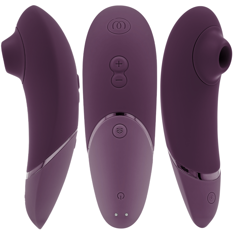Dark purple clitoral stimulator with ergonomic curved design and control buttons on front panel.
