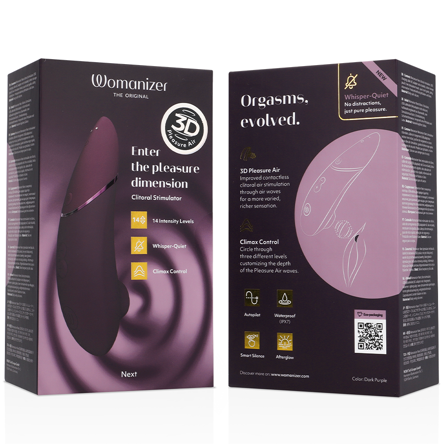 Dark purple Womanizer Next clitoral stimulator with sleek ergonomic design on box packaging.