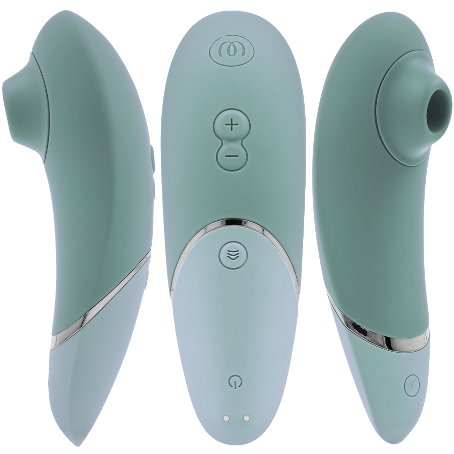 Sage green clitoral stimulator with smooth silicone surface and three-button control panel.
