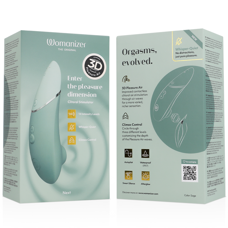 Womanizer Next clitoral stimulator in sage green with sleek curved design on packaging box.